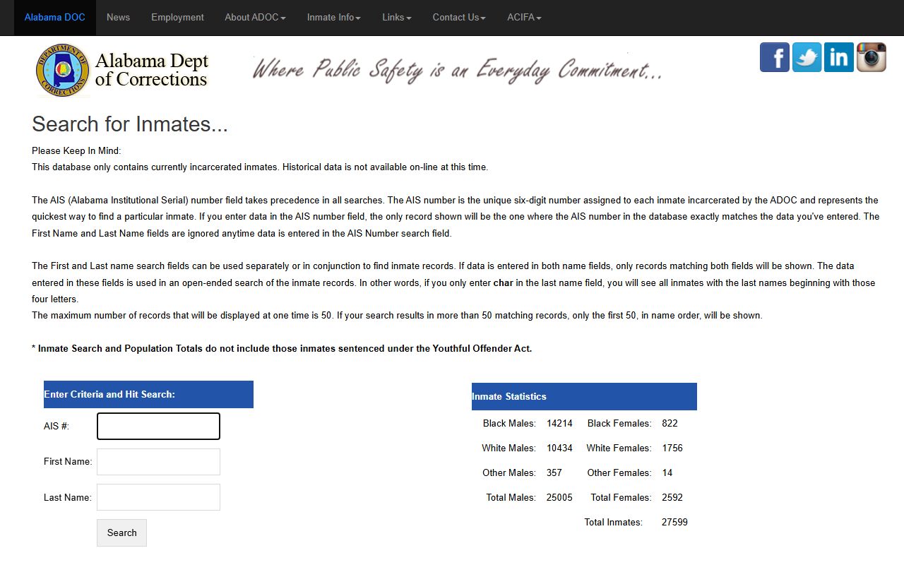 ADOC inmate search page with AIS and name fields