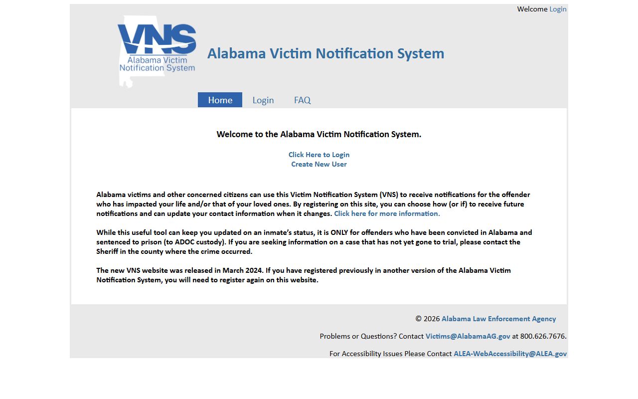 Alabama Victim Notification System homepage
