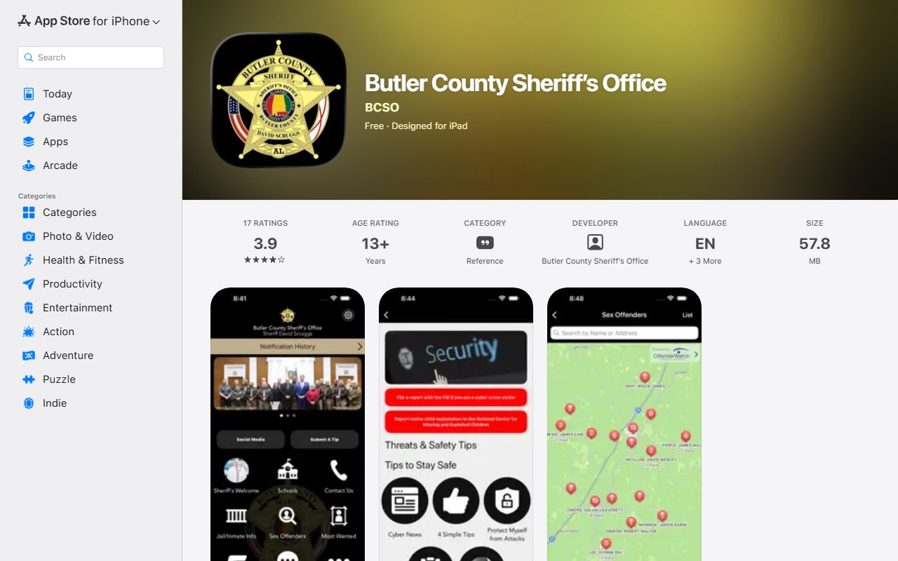 Butler County Sheriff's Office app listing used to check the county inmate population